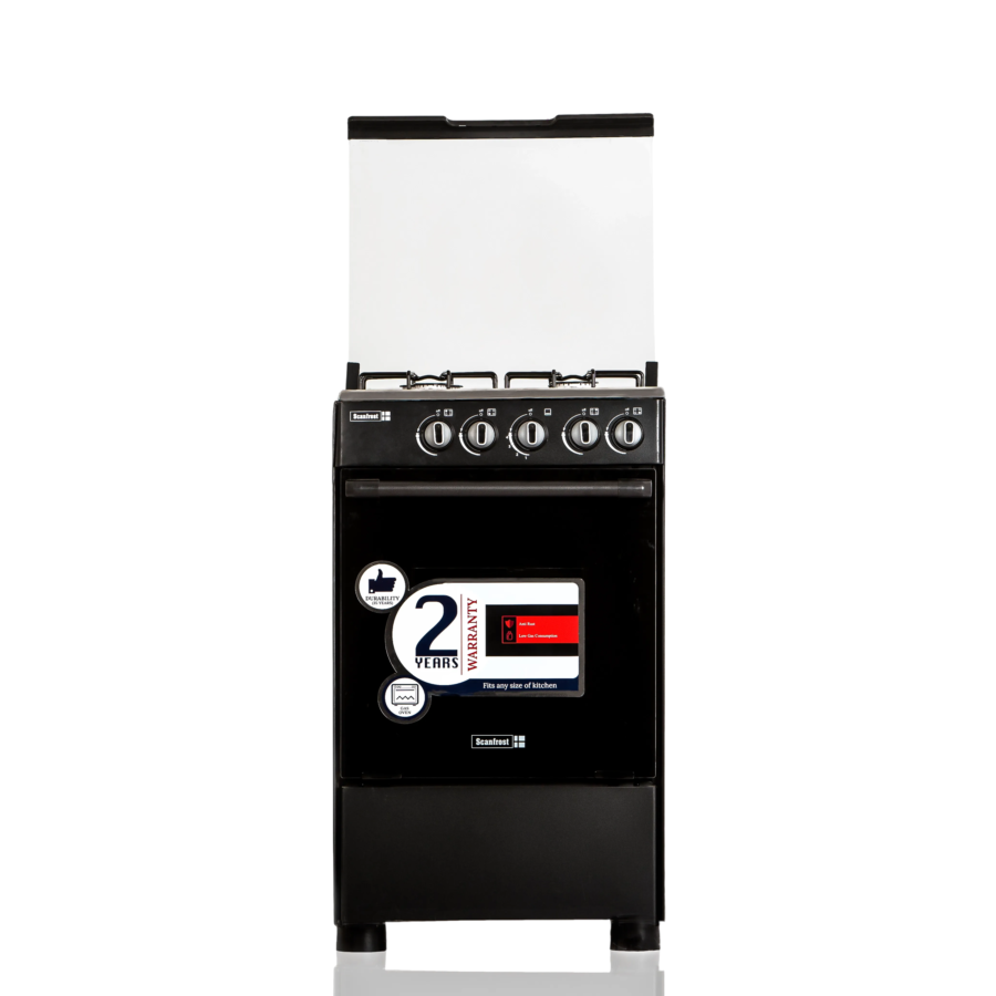 Scanfrost 50cm 4-Burner Gas Cooker with Oven – Compact Freestanding Kitchen Stove (Black)