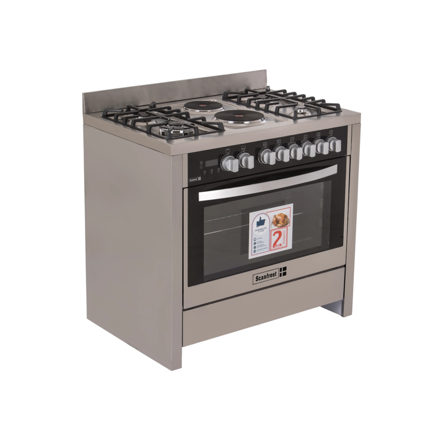Scanfrost SFCA5002 90cm 4 Gas Burner Cooker with 2 Electric Hotplates – Dual Fuel Freestanding Cooker (Silver)